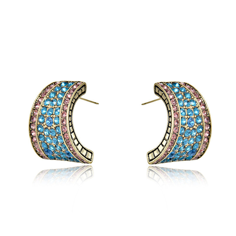 Wholesale Heavy Industry Trapeze Color Diamond C Shape Alloy Earrings